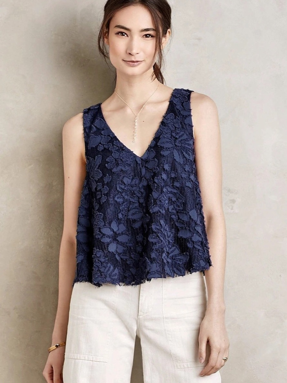 Maeve Anthropology Kenia Swing Tank Floral Lace Navy Blue Cotton Shirt Women S